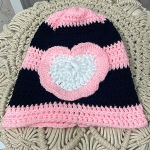 Handmade crochet heart ruffled stripe beanie hat